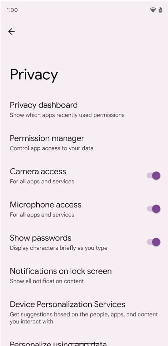Toggles for camera and microphone access in Android 12