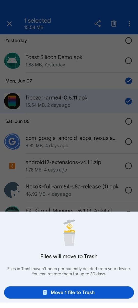 Trashing a file in Files by Google