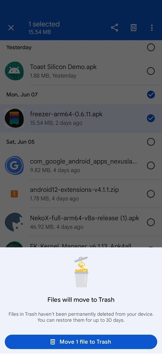Trashing a file in Files by Google