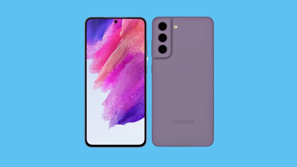 Galaxy S21 FE in purple color on a solid blue background