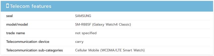 Galaxy Watch 4 Classic SM-R885F certification listing