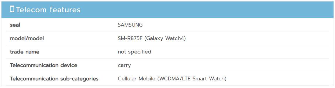 Galaxy Watch 4 SM-R875F certification listing