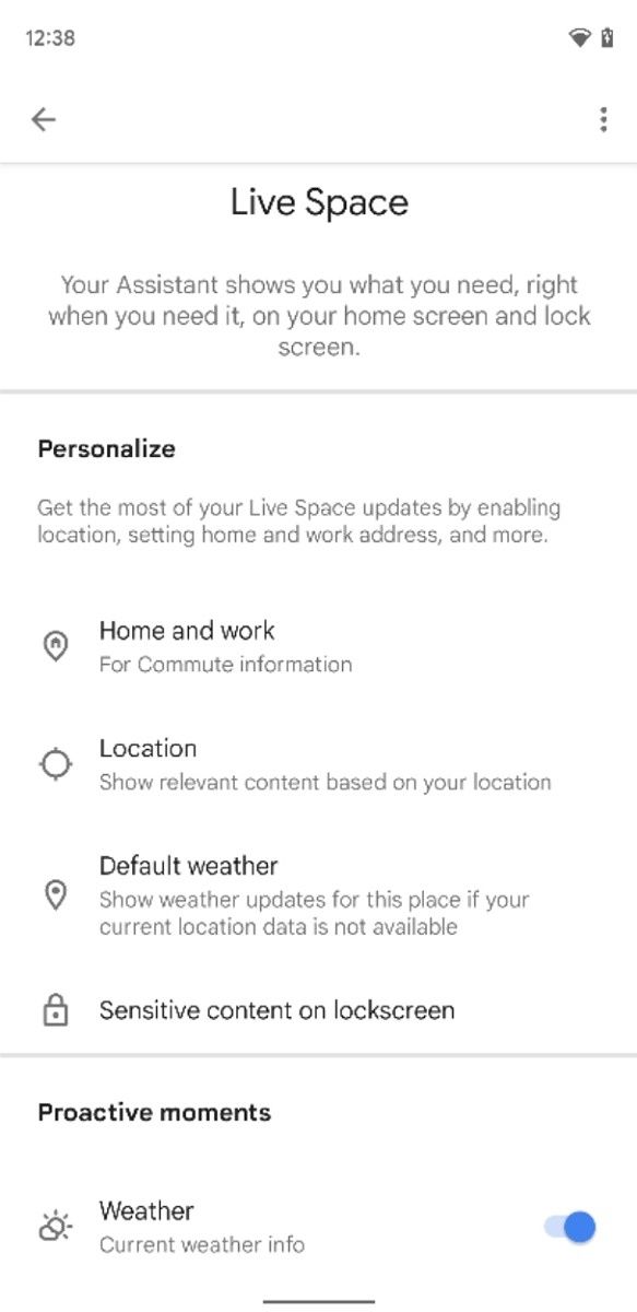 Google Assistant Live Space settings