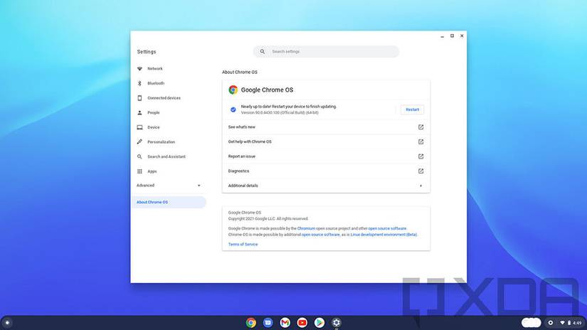 Google Chrome OS Settings showing device ready to restart to update