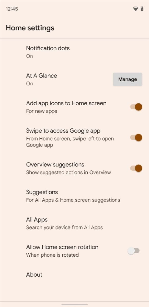 Pixel Launcher settings manage At a Glance