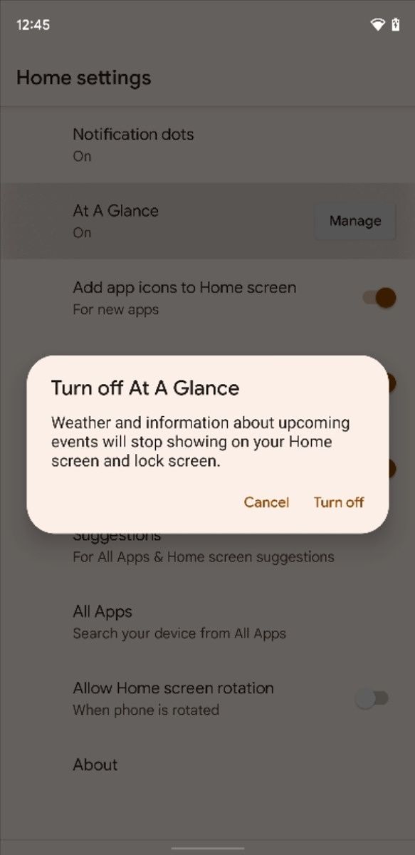 Pixel Launcher settings turn off At a Glance