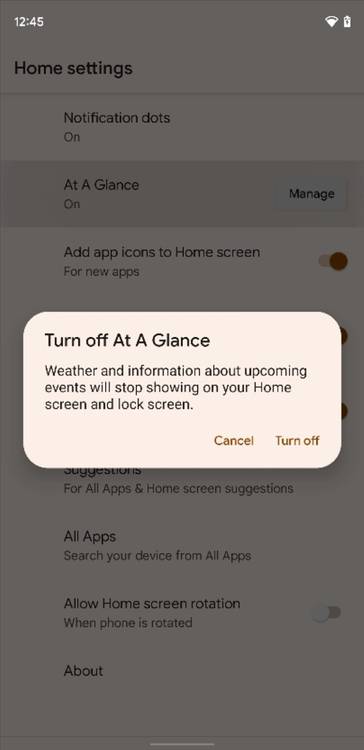 Pixel Launcher settings turn off At a Glance