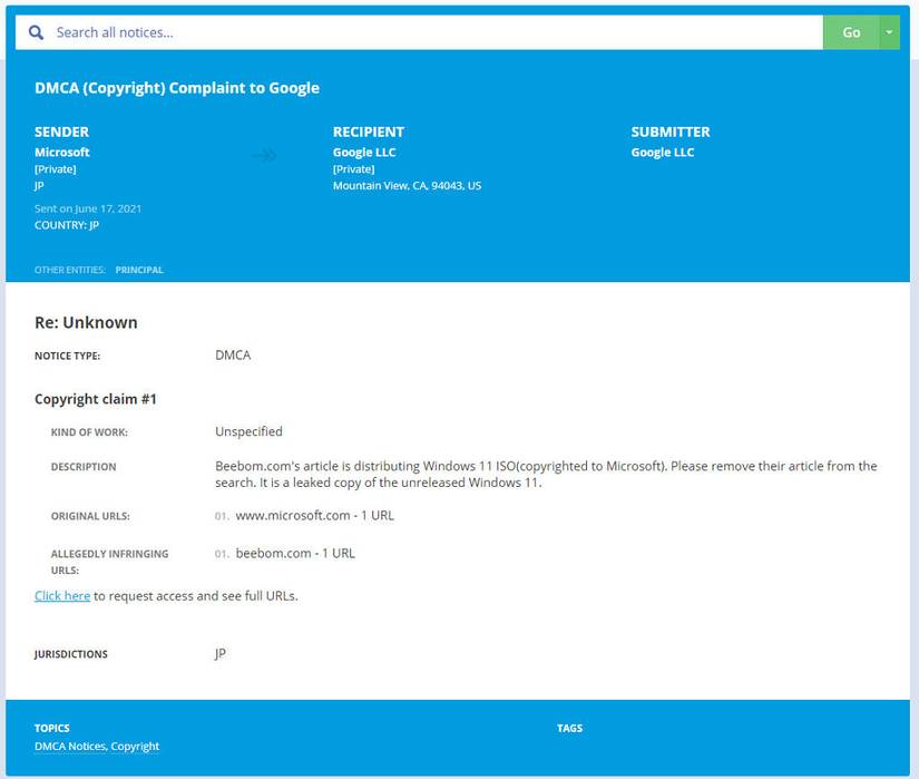 The DMCA takedown for the leaked Windows 11 build that was submitted to Google requesting the removal of the Beebom link showing how to download and install it.