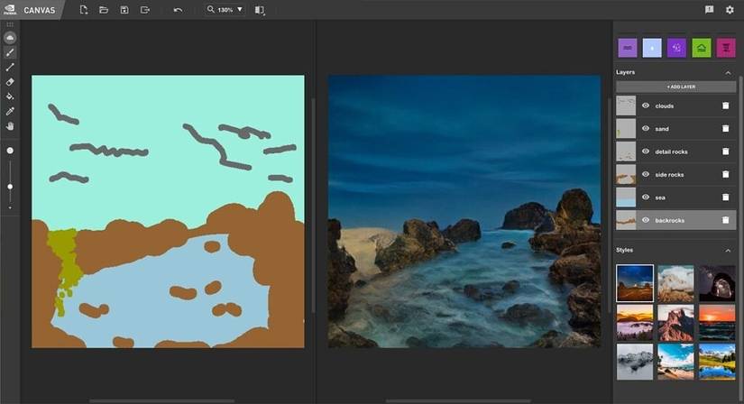 Nvdia Canvas app showing a doodle next to the photorealistic painting generated by the app