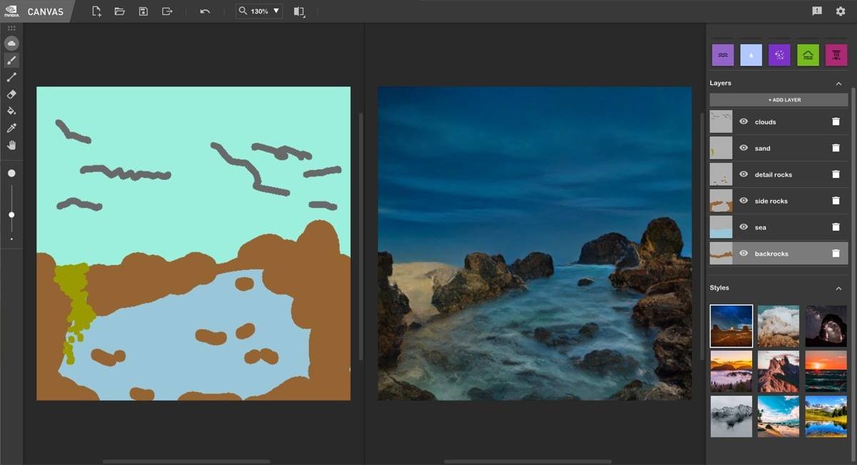 NVIDIA Canvas app showing a doodle next to the photorealistic painting generated by the app