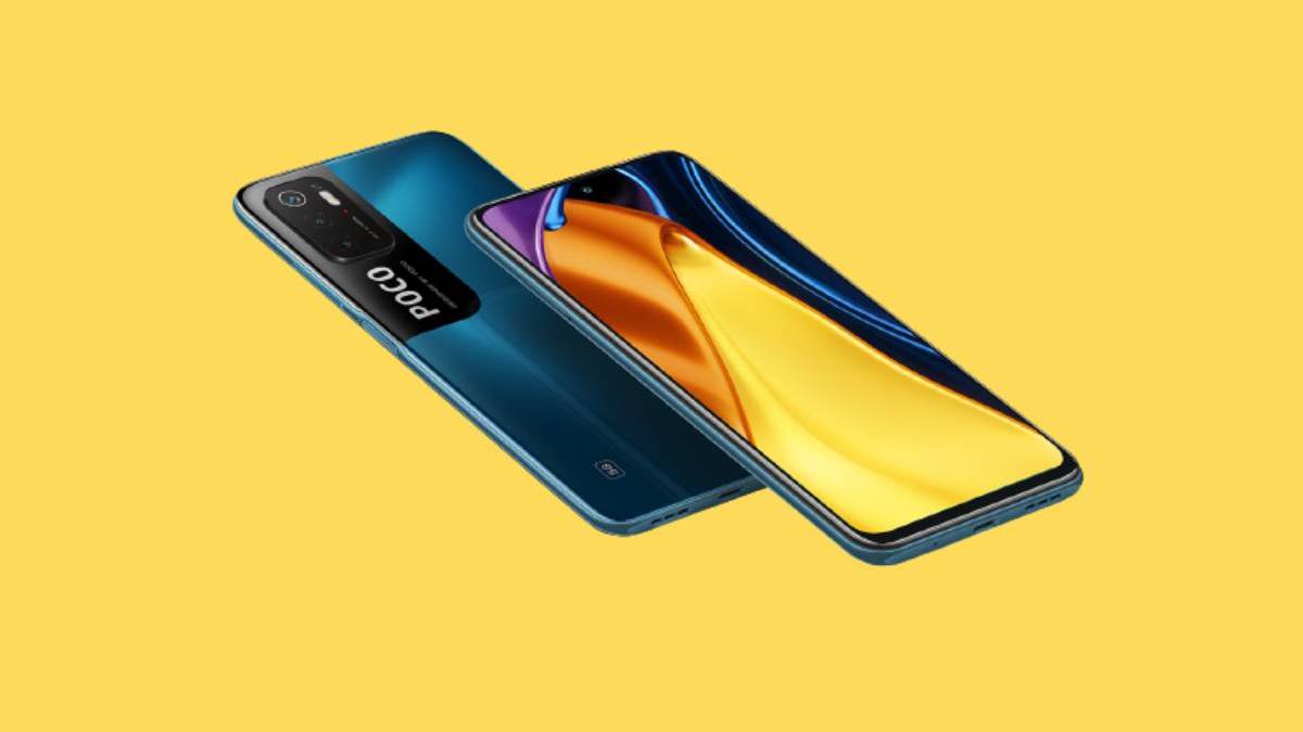 POCO M3 Pro 5G in Cool Blue on a yellow background