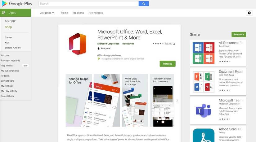 This screenshot shows Microsoft Office install page for Android.