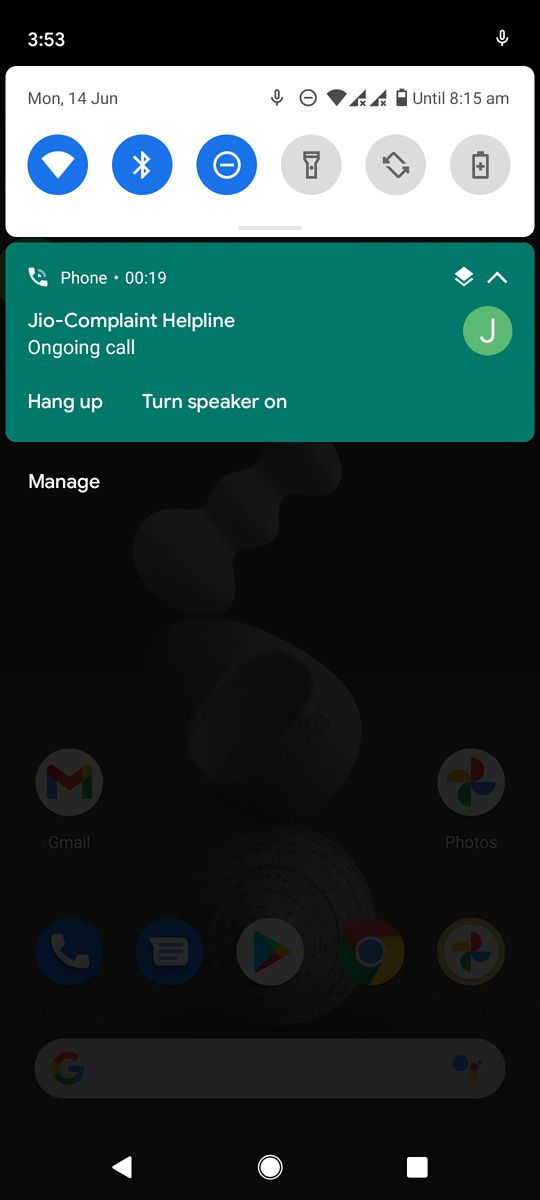 The notification shade showing the duration of an ongoing call