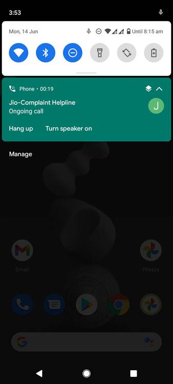 The notification shade showing the duration of an ongoing call