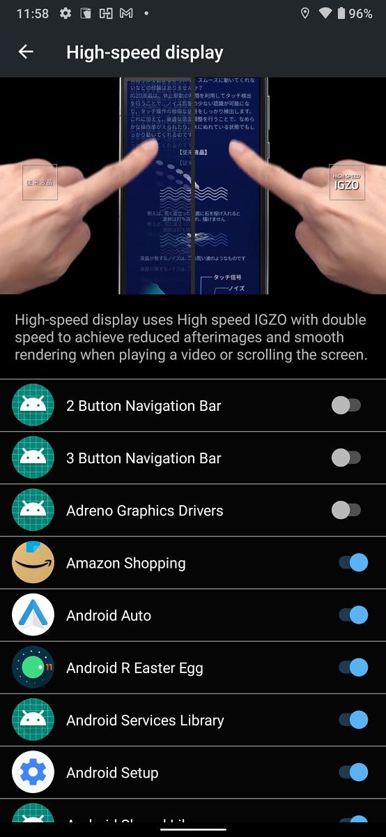 Sharp Aquos R6 settings page