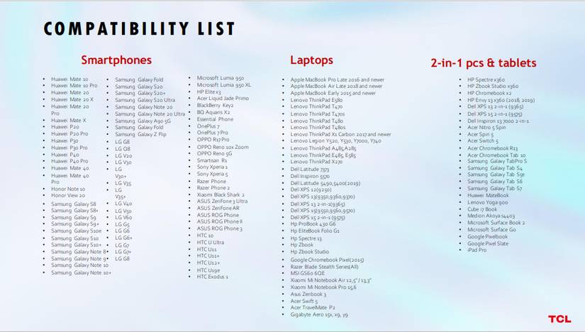 List of smartphones, laptops and tablets that work with TCL NXTWEAR G glasses