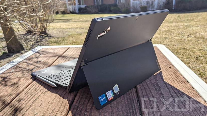 Rear view of ThinkPad X12 Detachable with kickstand open
