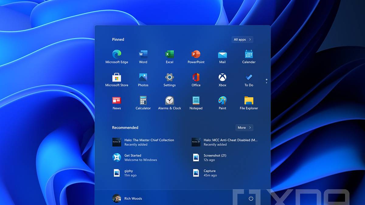 Windows 11 Start Menu with dark theme