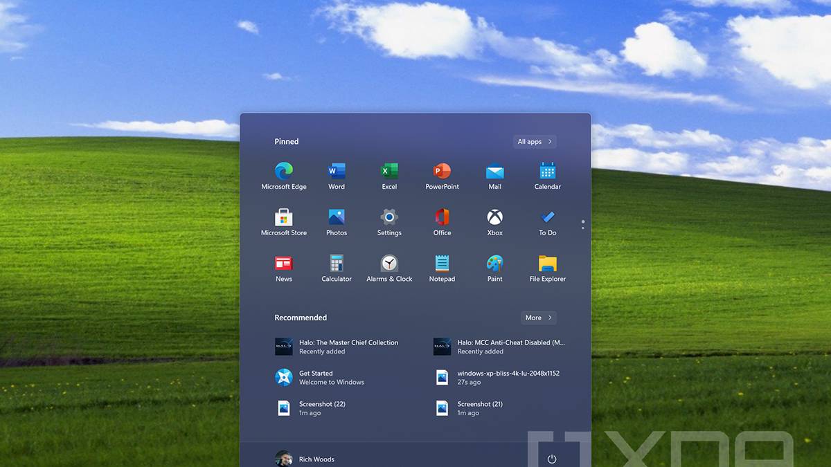 Windows 11 Start Menu with Bliss wallpaper