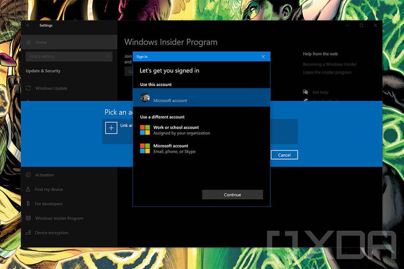 Account sign-in in Windows Insider settings
