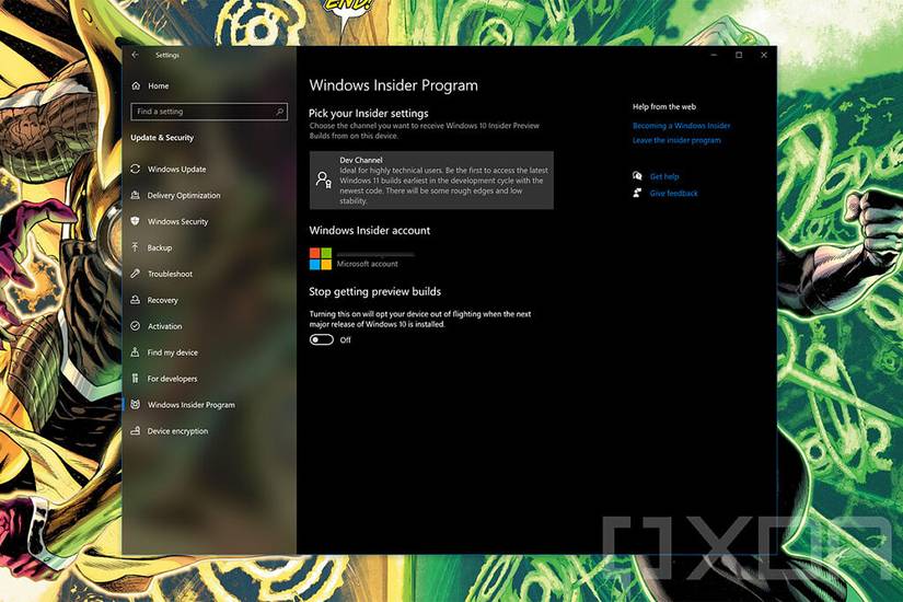 Windows Insider Program settings page in Windows 10