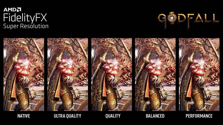 Image quality comparison of Godfall running with different levels of AMD FSR