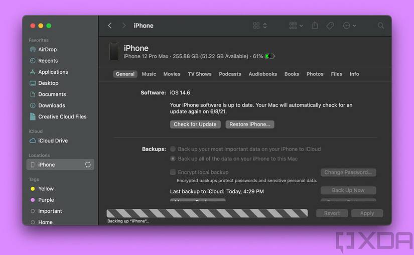 Screenshot of iPhone in Finder
