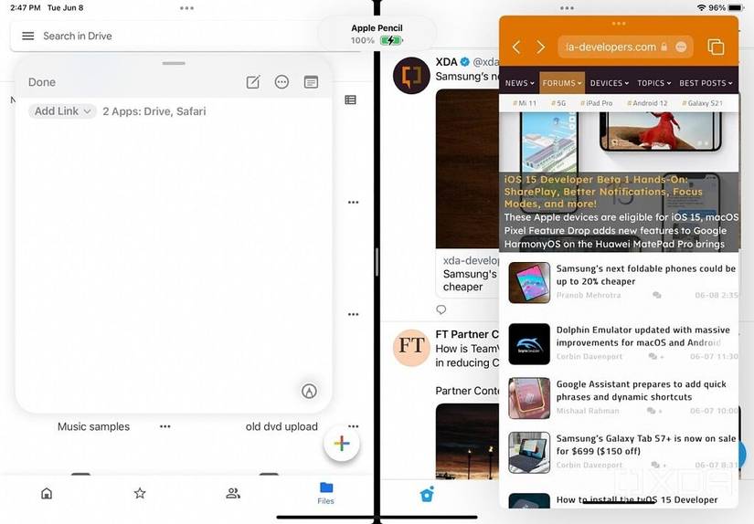 iPadOS 15 running four apps.