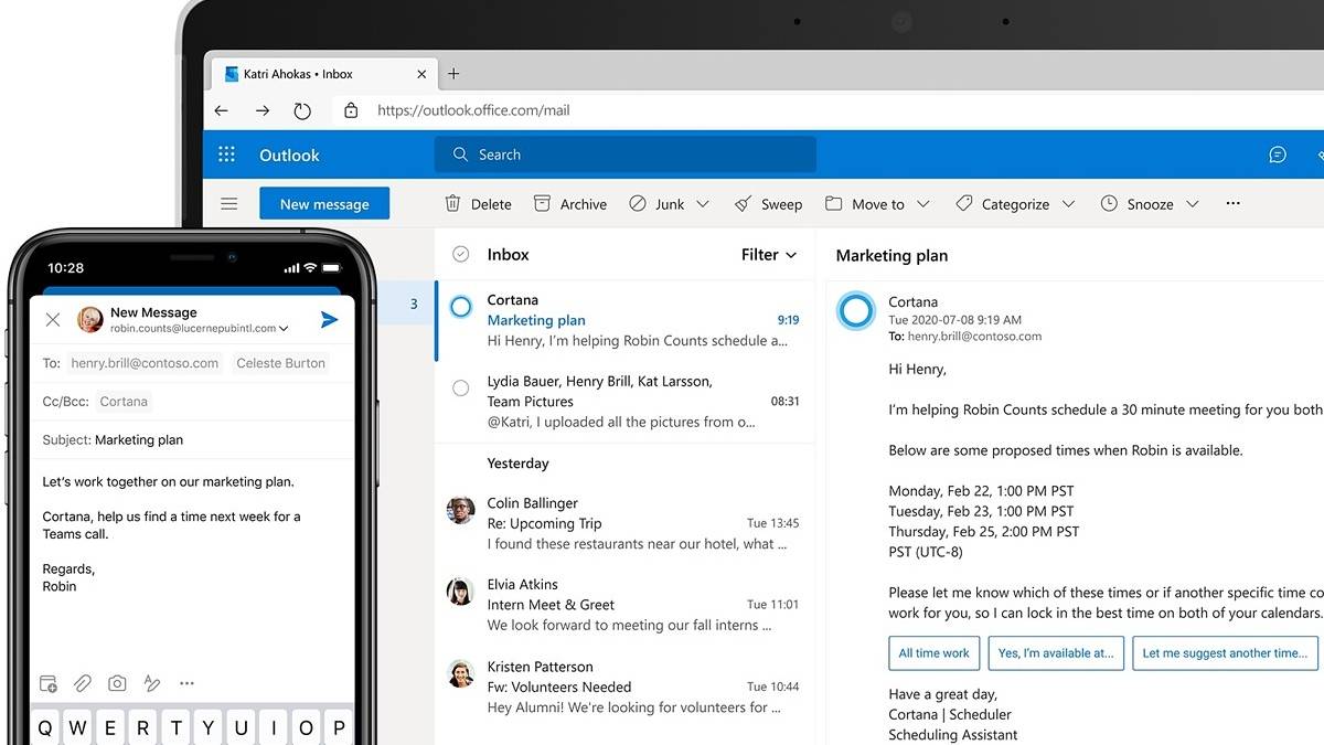 Using the Scheduler service and Cortana to help schedule a meeting