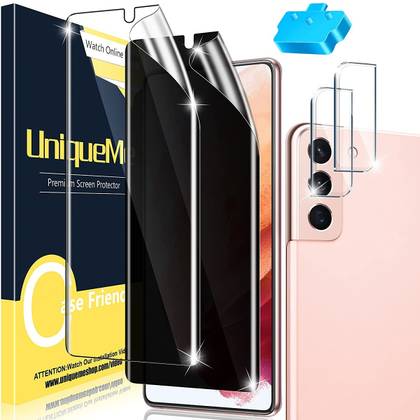 The UniqueMe privacy screen protector makes sure that your phone screen’s contents are only visible to you and not any eavesdroppers. You also get a bundled camera lens protector.