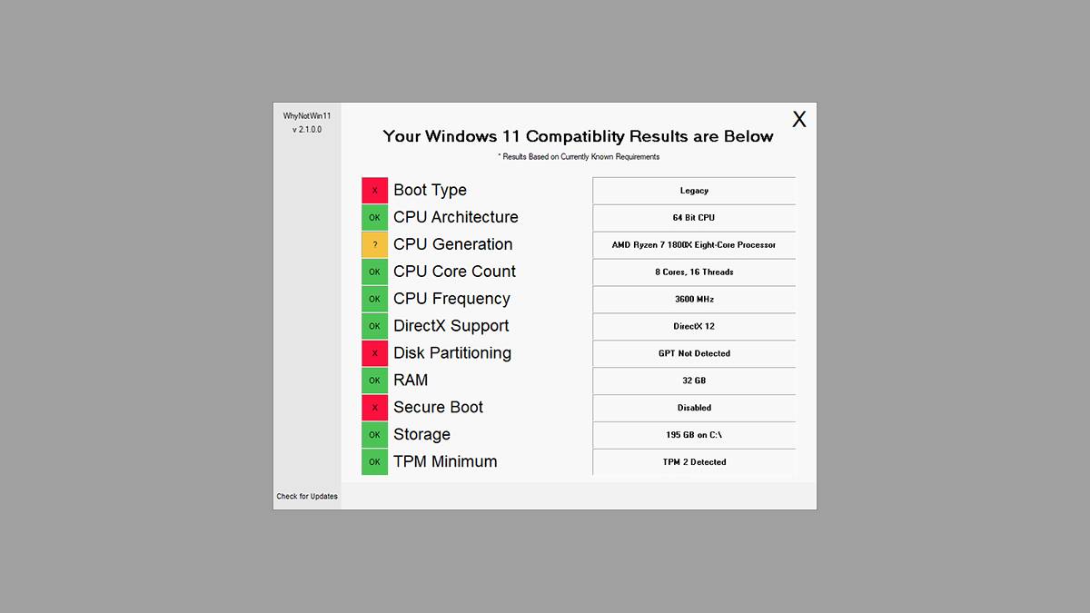 Screenshot of WhyNotWin11 app