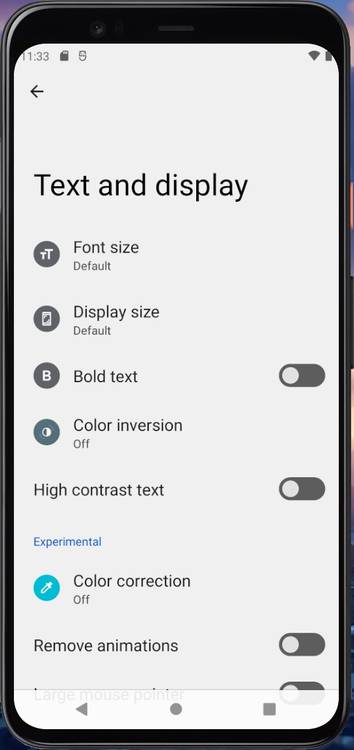 Text and display accessibility settings in Android 12