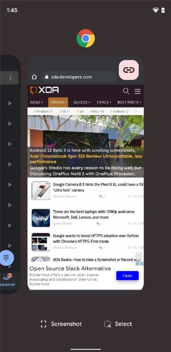 Copy link icon in the recent apps overview of Android 12 on a Pixel 3 XL
