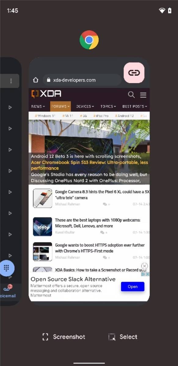 Copy link icon in the recent apps overview of Android 12 on a Pixel 3 XL