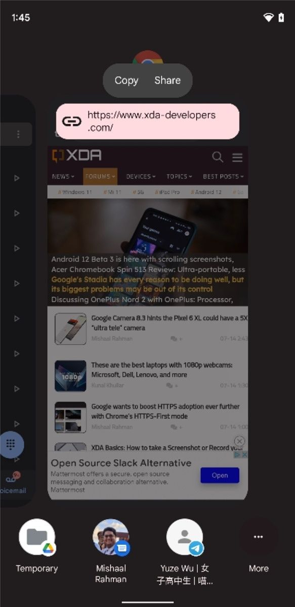 Sharing a link from the recent apps overview of Android 12