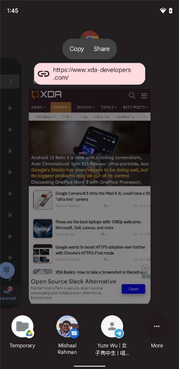 Sharing a link from the recent apps overview of Android 12