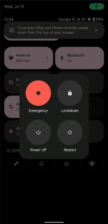 Power menu tooltip in Android 12 Beta 3