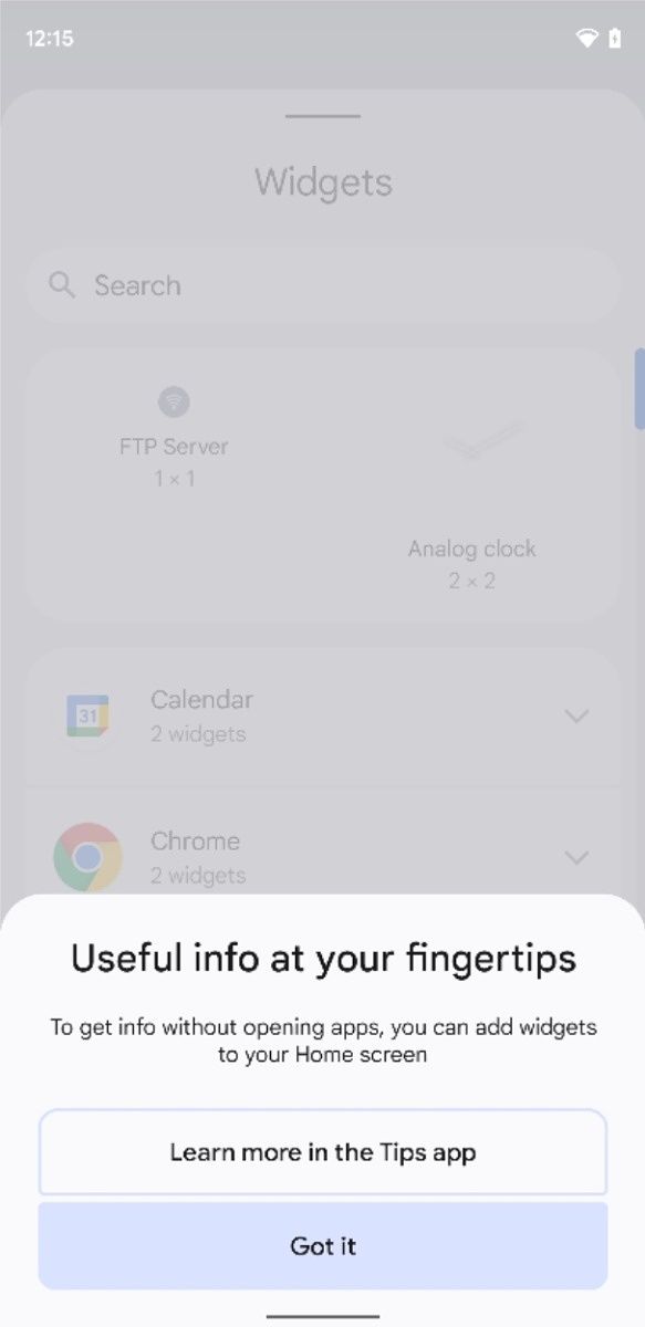Widget tooltip in the Pixel Launcher on Android 12