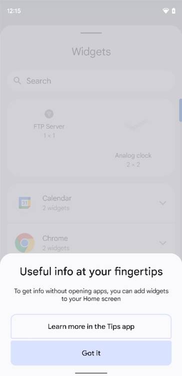 Widget tooltip in the Pixel Launcher on Android 12