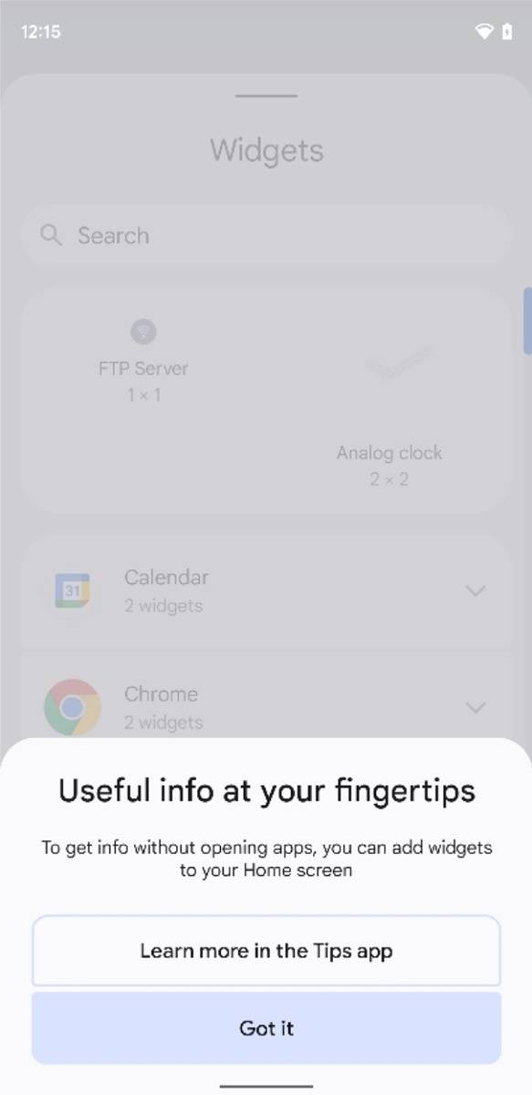 Widget tooltip in the Pixel Launcher on Android 12