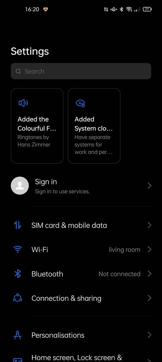 Settings on ColorOS