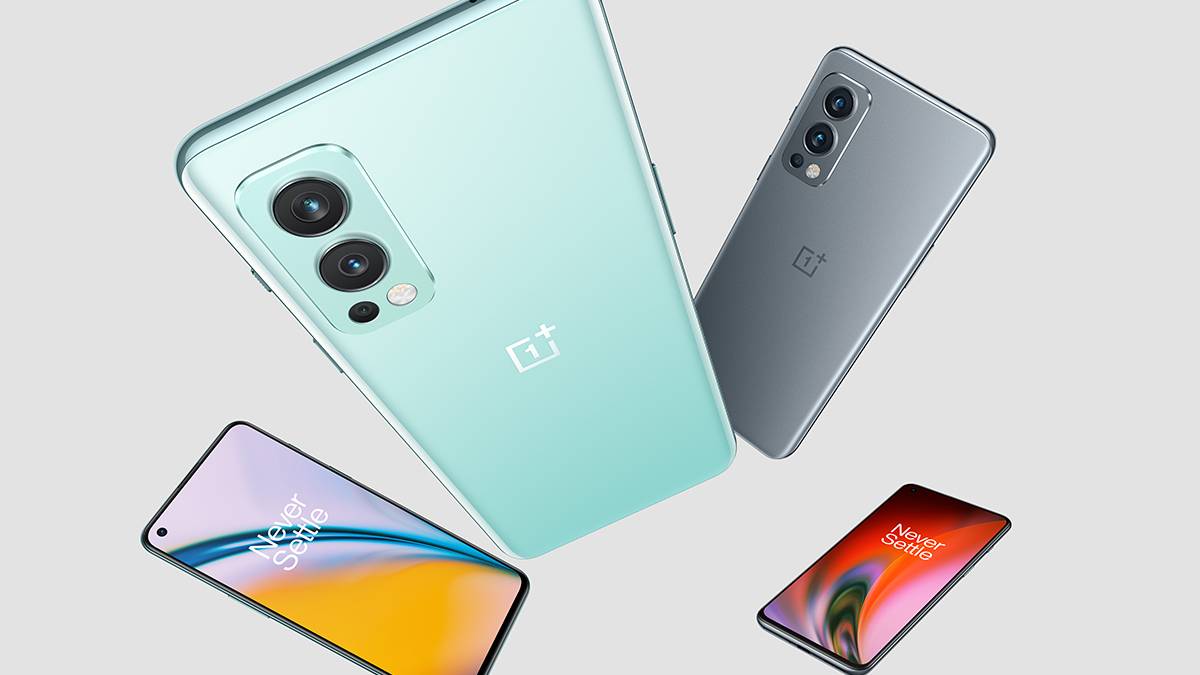 OnePlus Nord 2 in Blue and Gray colors floating in the air