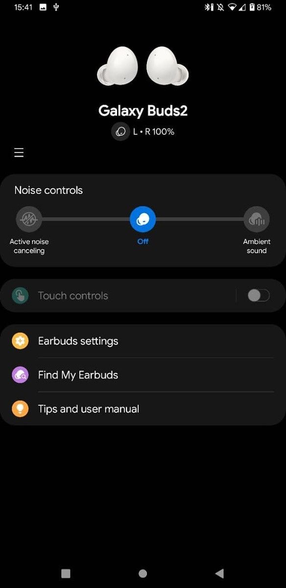 Samsung Galaxy Buds 2 connected to Samsung Wearable app