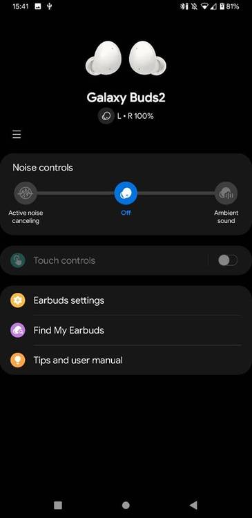 Samsung Galaxy Buds 2 connected to Samsung Wearable app