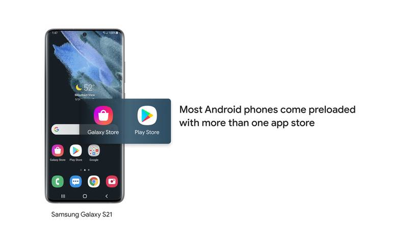 Samsung Galaxy S21 with Galaxy Store next on Google Play Store on the home screen