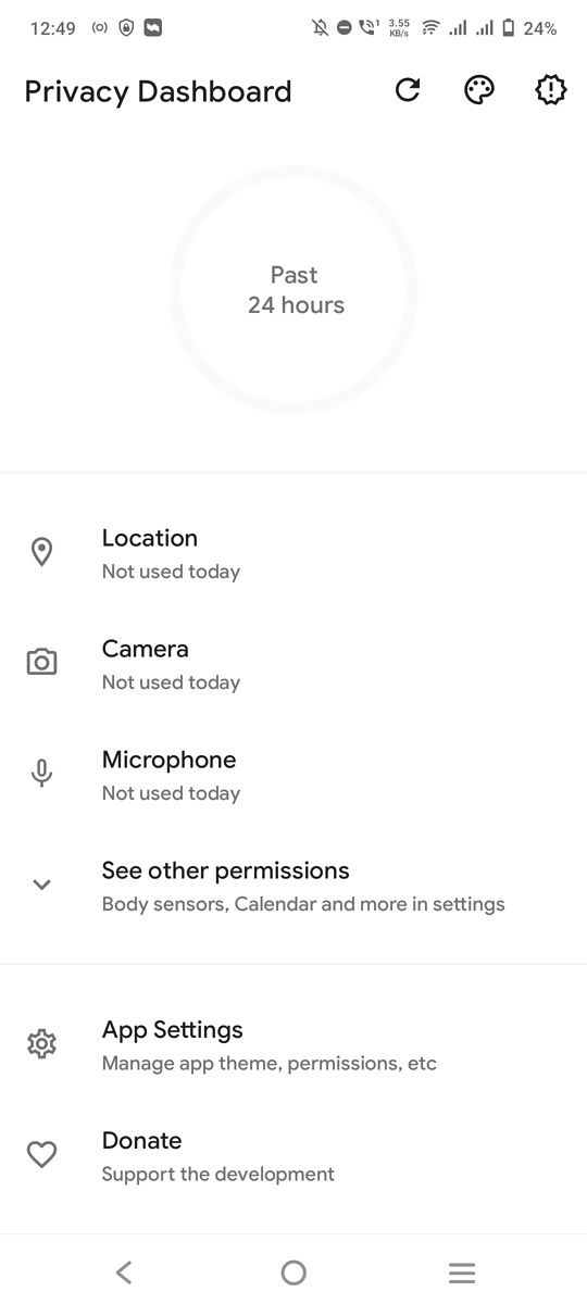 Home screen of the Privacy Dashboard app after granting permissions