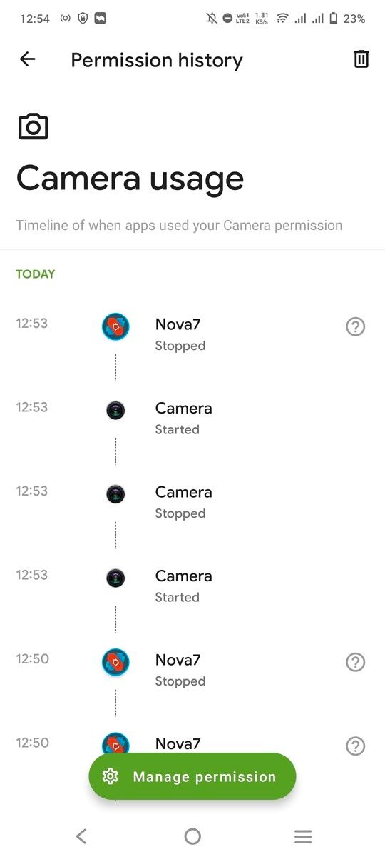 Camera permission section in the Privacy Dashboard app