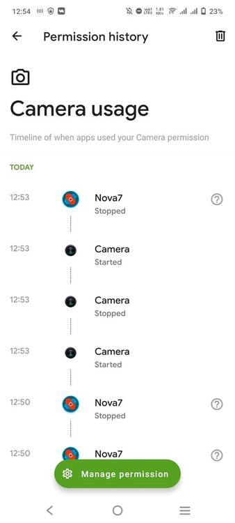 Camera permission section in the Privacy Dashboard app