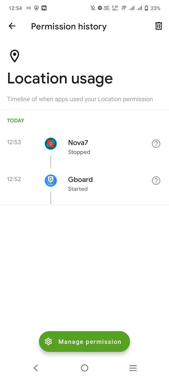 Loaction permission timeline in the Privacy Dashboard app