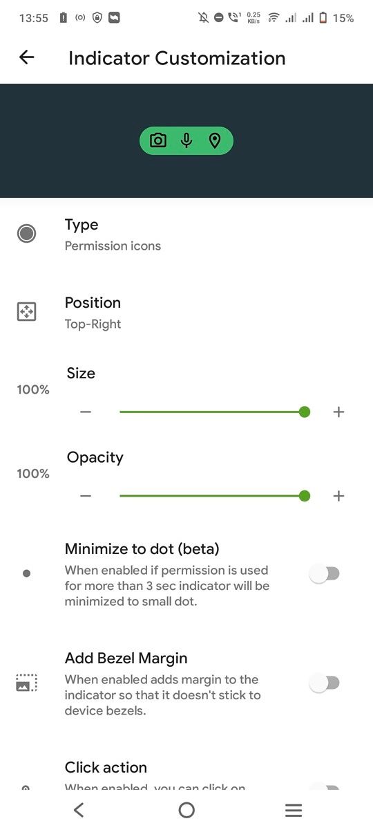 Privacy indicator customization screen in Privacy Dashboard